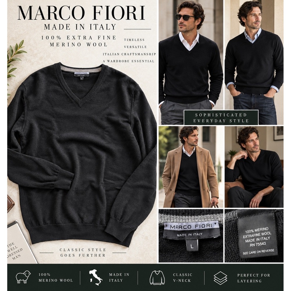 Marco Fiori Mens L Black Extra Fine Merino Wool V Neck Sweater Made in Italy